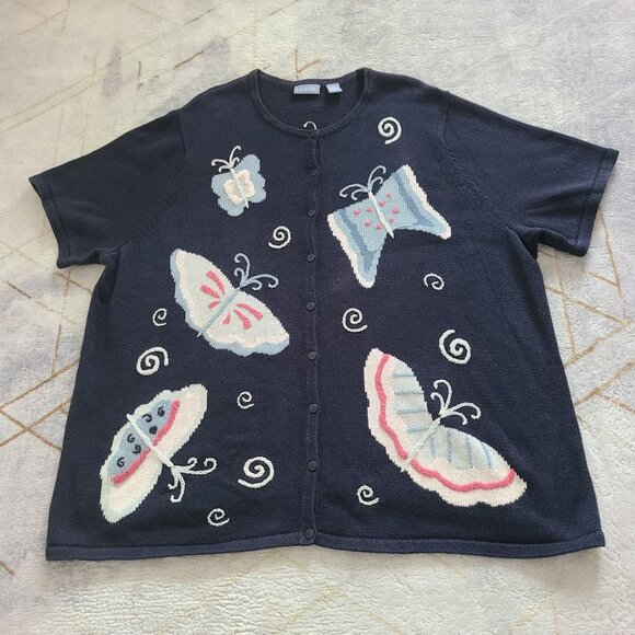 Liz & Me 4X Butterfly Knit Cardigan Sweater Navy Blue Pastel Y2K - Picture 1 of 7
